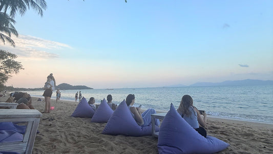 View from Wave in Fishermans Village, Koh Samui.  People on beanbags looking out to sea.