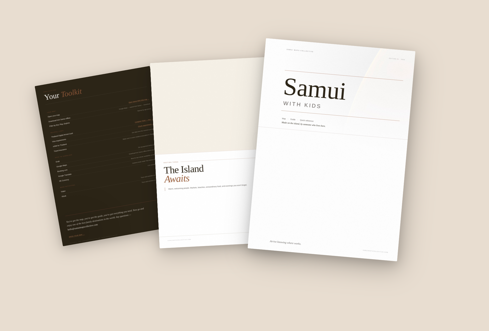 Samui With Kids PDF companion guide pages including cover, section header and Your Toolkit quick reference for families travelling to Koh Samui