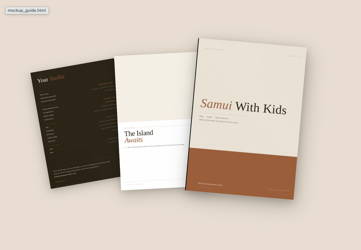Samui With Kids PDF companion guide pages including cover, section header and Your Toolkit quick reference for families travelling to Koh Samui. 