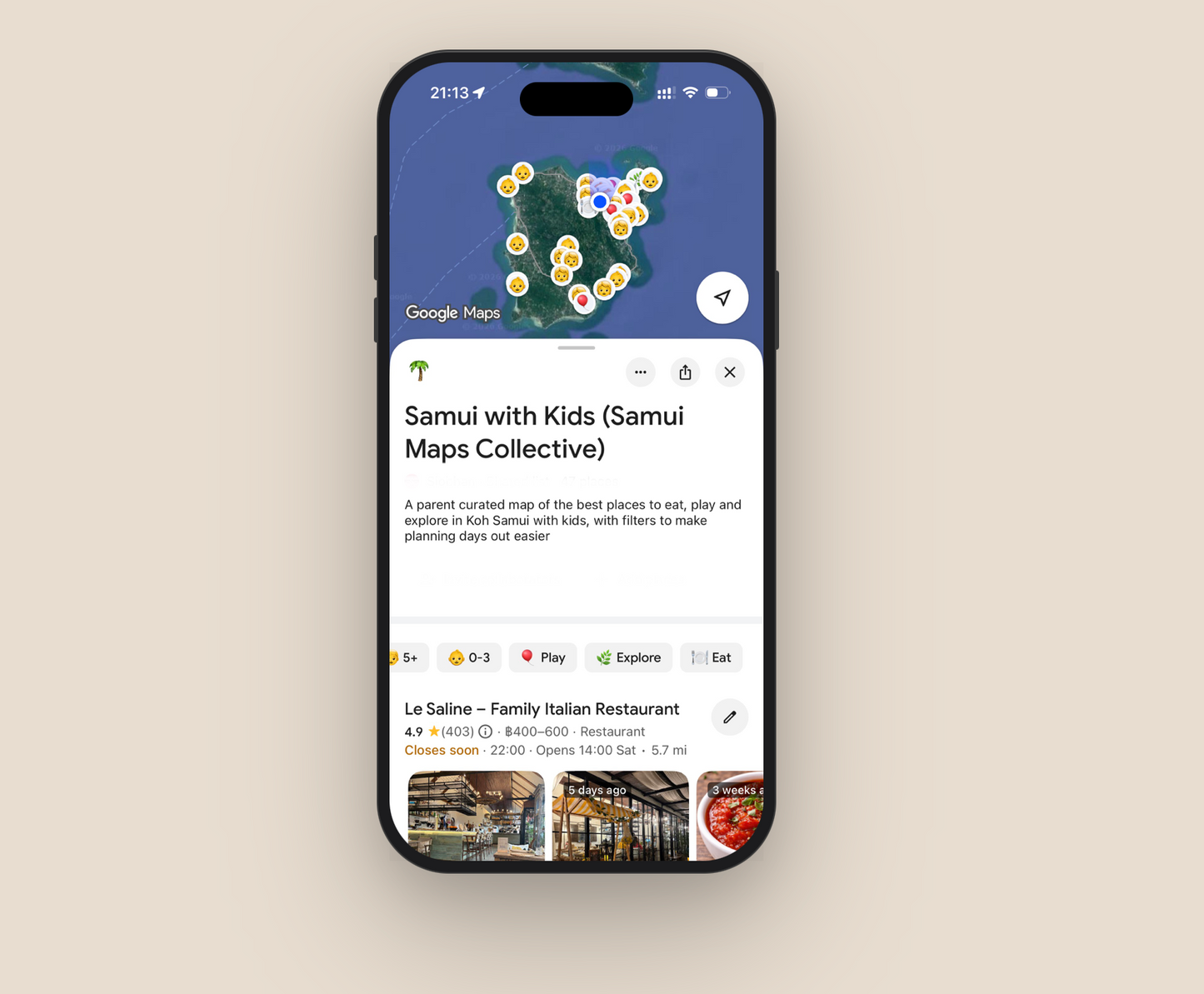 Samui With Kids Google Map showing curated pins across Koh Samui filtered by Eat, Play and Explore for families with children