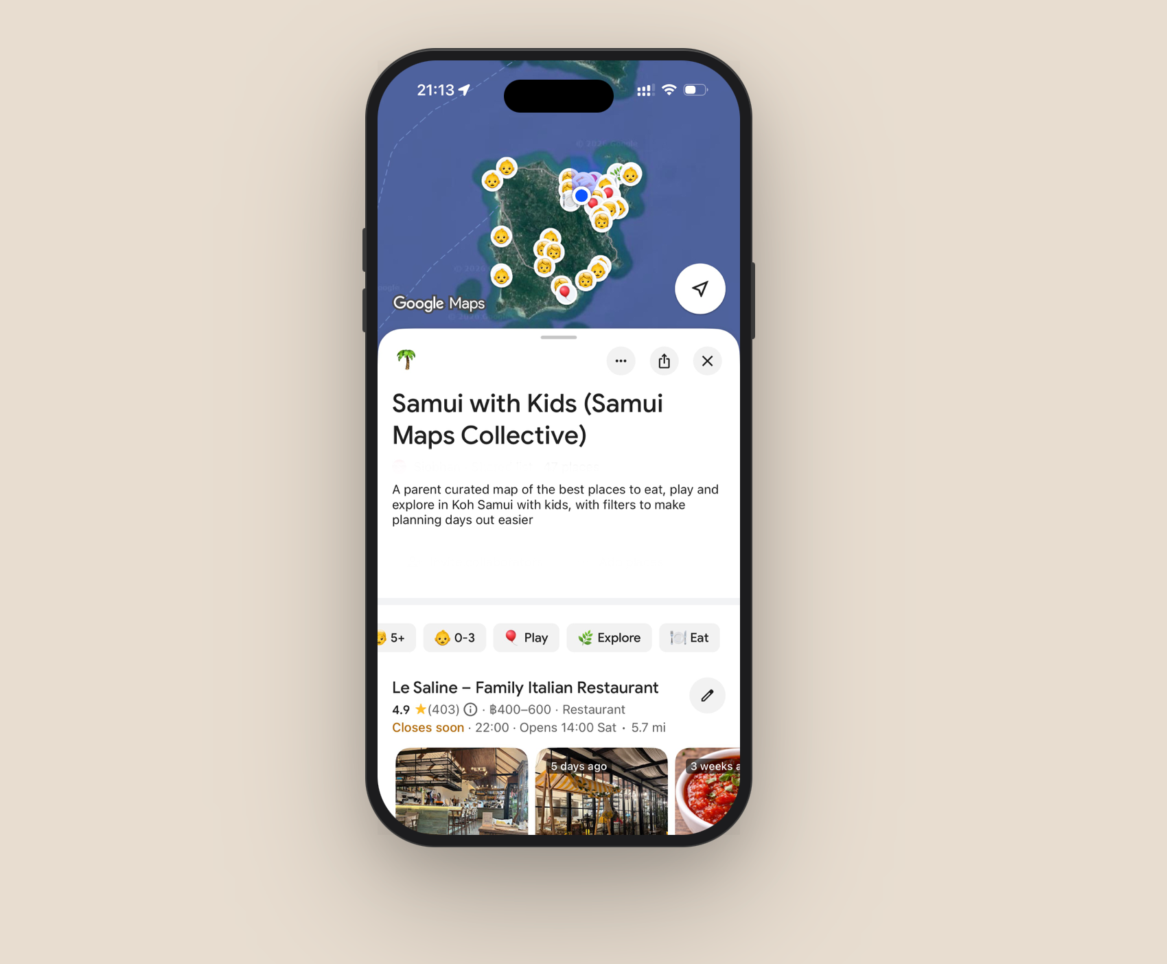 Samui With Kids Google Map showing curated pins across Koh Samui filtered by Eat, Play and Explore for families with children