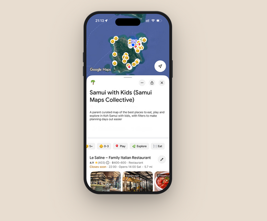 Samui With Kids Google Map showing curated pins across Koh Samui filtered by Eat, Play and Explore for families with children